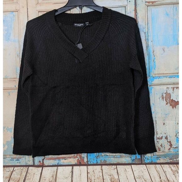 Brave Soul London Womens Medium Black Knit V Neck Long Sleeve Pullover Sweater - Picture 1 of 9